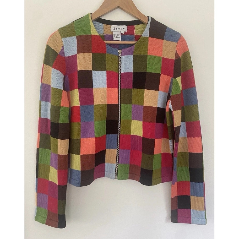 Vintage 90s Colorblock Zip Up Knit Sorbe Cardigan Maximalist Artsy Cotton Large